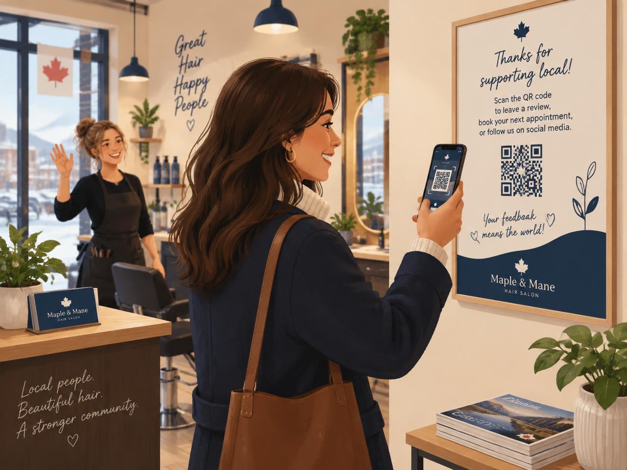 A customer scanning a TYFYB QR code poster in a local hair salon