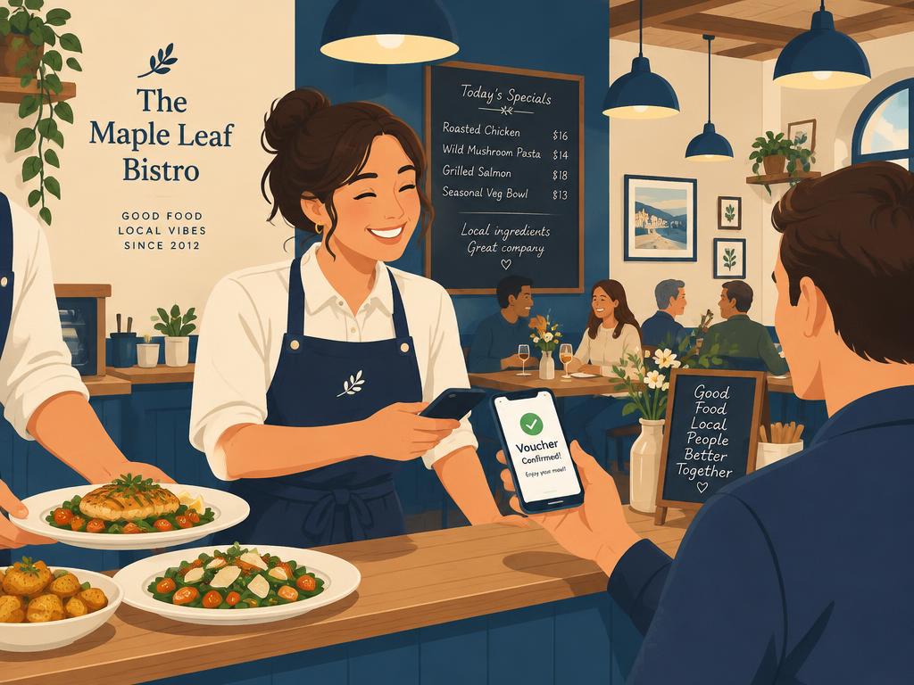 A restaurant server confirming a customer's voucher at the counter